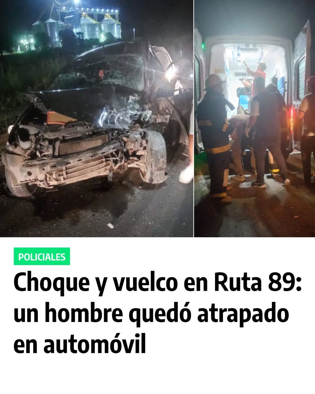 Un grave accidente ocurrió este jueves por la noche sobre la Ruta Nacional Nº 89, entre Corzuela y Campo Largo